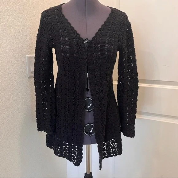 Say What? Black Open-Front Crochet Cardigan - Picture 3 of 11